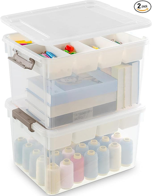 Citylife 32QT 2Packs Clear Craft Organizers and Storage Box with Tray | Stackable Art Supply Organizer Storage Bins with Lids for Beads, Markers, Sewing, Tools, Clothes, Files, Office Supplies