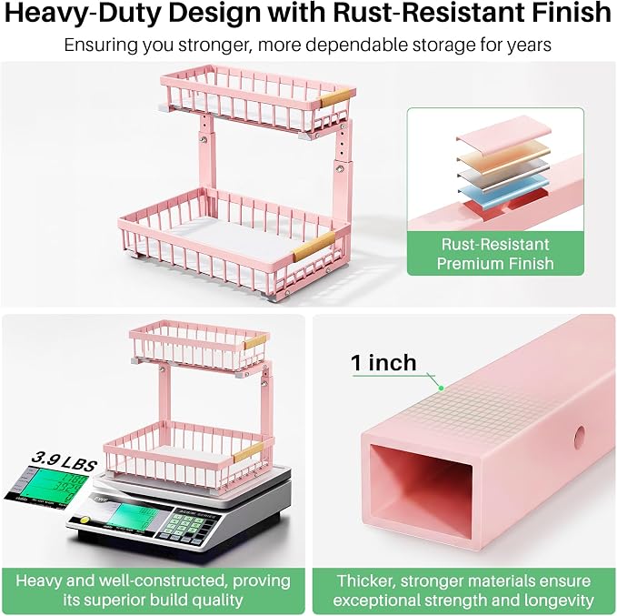 Kitstorack Under Sink Organizer, 2 Tier Under the Sink Storage, Slide out Pull out Cabinet Organizer Shelf, Metal Sliding Drawer for Kitchen Bathroom Pantry Closet Organization Rack, Pink, 2 Pack