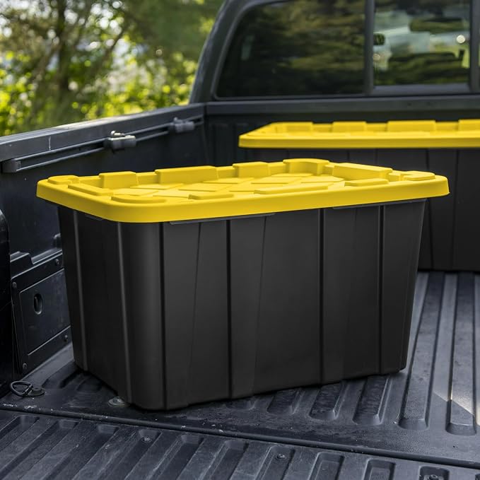 6 Pack, Large 27 Gallon Durable Plastic Storage Bin with Snap-On Lid, Storage Bin for Home Garage Organization, Black and Yellow
