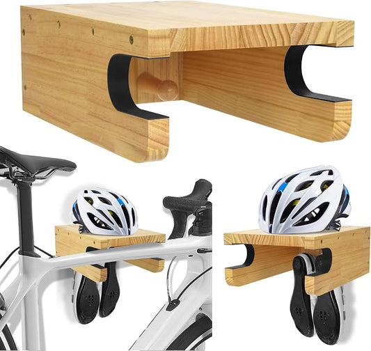 Wooden Bike Wall Mount Rack with Shelf and Hooks, Bike Hanger Wall Mount | Wood Wall Mount Bike Hangers for Garage, Space-Saving Indoor Bike Wall Mount Horizontal Storage Rack for Single Road Bicycle