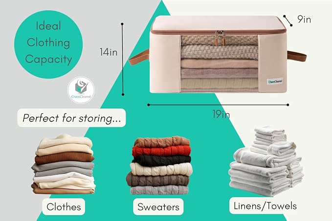 Chaos Cleared Canvas Storage Bags Designer Organizer for Clothing 2 Pack – Clothes Organizers for sweaters, clothing, garment, bedding, quilt, linens, large bag with zip & window, mothproof