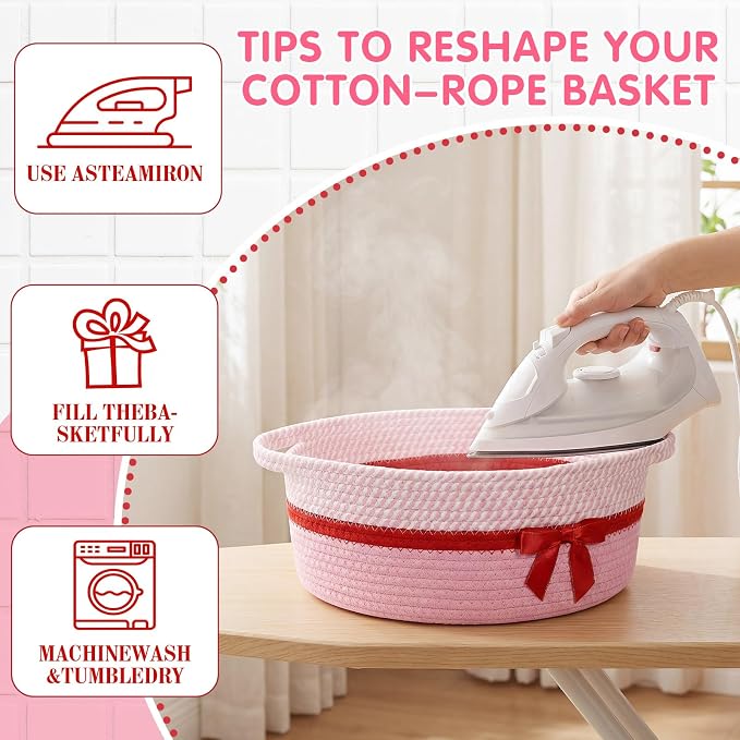 Colingmill 1 Set Woven Empty Basket for Gift,Pink Red | with Cellophane Wrap Set, 14 x 10 x 5.5 Inch, Medium Decorative Gift Basket, Cotton Rope Storage Box, Home Decor
