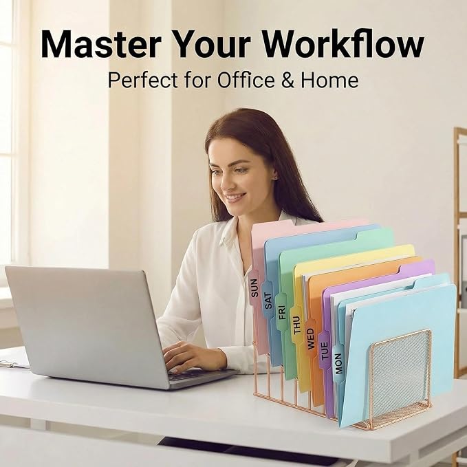 Rose Gold Desk Organizer 7 Slot Inclined Vertical File Folder Holder Sorter with Mesh Front – Metal Wire Rack for Mail, Slim Binders, Books Office Organization & Desktop Accessories