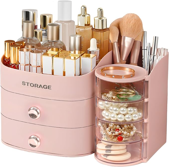 Makeup Organizer Countertop with Drawers, Make up Organizers for Vanity | Skincare Jewelry Earring Organizers, Cosmetic Display Cases Makeup Storage for Bathroom|Dresser, Ideal Gifts for Women(Pink)