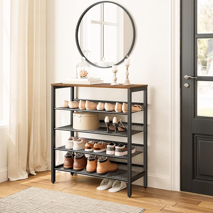 HOOBRO Shoe Rack, 5-Tier Shoe Storage Unit Flat & Slant Adjustable Shoe Organizer Shelf for 16 Pairs, Durable and Stable, for Entryway, Hallway, Closet, Dorm Room, Industrial, Rustic Brown BF01XJ01
