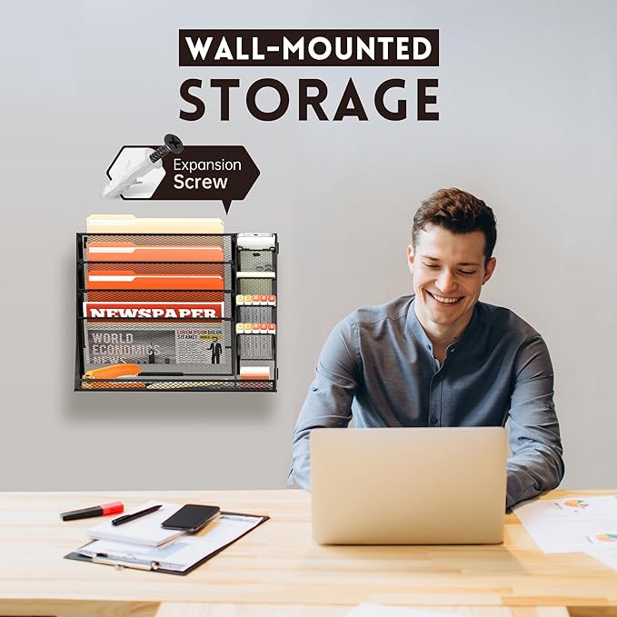 5-Tier Wall File Organizer with 4 Pen Holders and R-Shaped Tray, Black | 5-Tier Wall Organizer and Wall File Organizer with 4 Pen Holders and R-Shaped Base for Wall Mount or Desktop Use