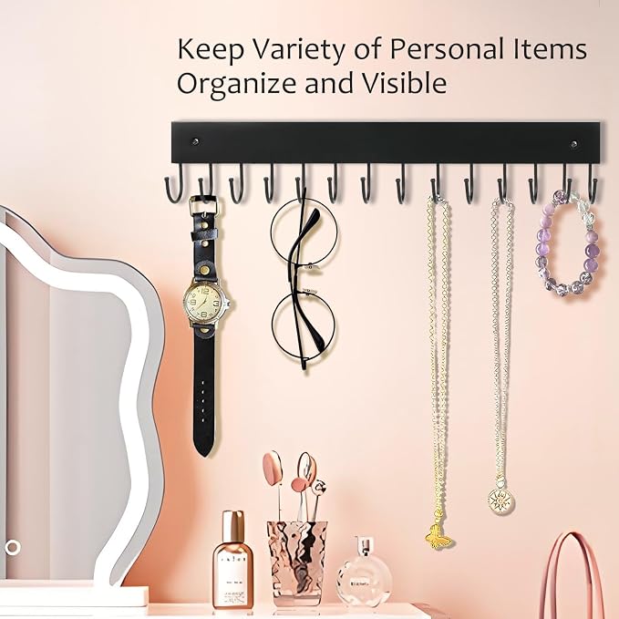 2-Pack Key Holder Wall Mount, 14.6" Key Rack with 28 Rotating Metal Hooks | Natural wood wall key hanger, 28 rotating metal hooks, for entryway, hallway & apartment decor, space-saving, Black