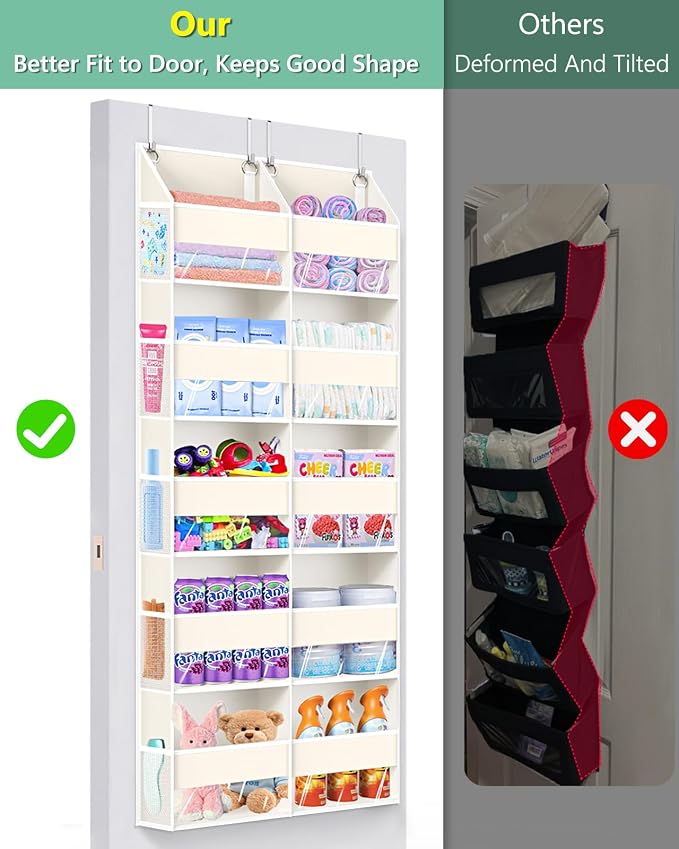 UVIAHOMI Heavy Duty Over The Door Organizer 5 Tiers, Extra Large Behind Door Storage of 10 Big Front & 10 Mesh Pockets, 80lb Weight Capacity, Hanging Doors Storage for Closet Bedroom Nursery, Beige