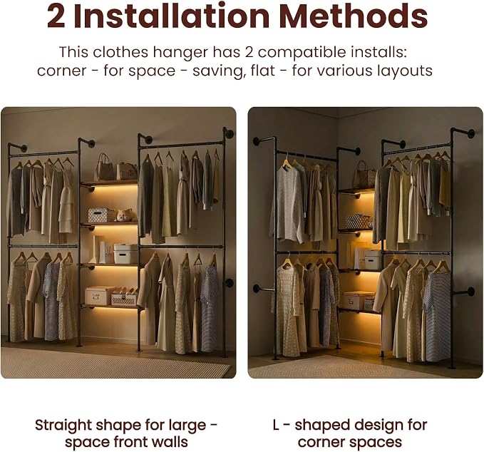 Industrial Pipe Clothing Rack with LED Lights& Shelves,Black | Heavy Duty Adjustable Garment Hanger with Shelves, 2 Installation Methods Closet Storage System for Wardrobe Organization