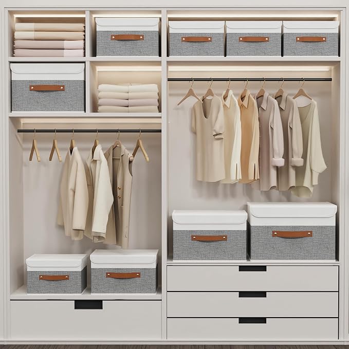 Yawinhe Collapsible Storage Boxes,White/Grey,10.2x7.9x6.7in,5-Pack | Fabric Storage bin with Lids, Washable Cube Organizer Basket; Container with Leather Handle,Closet Organizer for Home