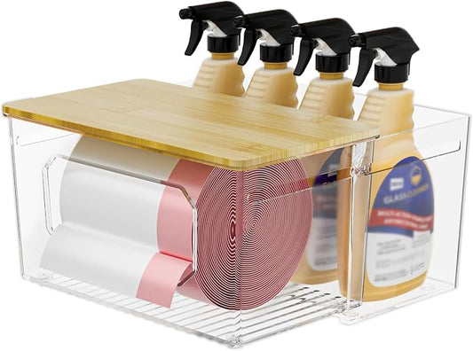 spospo Trash Bag Holder 2-in-1 Under Sink Organizer with Bamboo Lid | Acrylic Trash Bag Dispenser with Pull-Out Basket for Cleaning Supplies, Garbage Bag Holder for Kitchen Laundry Room Storage