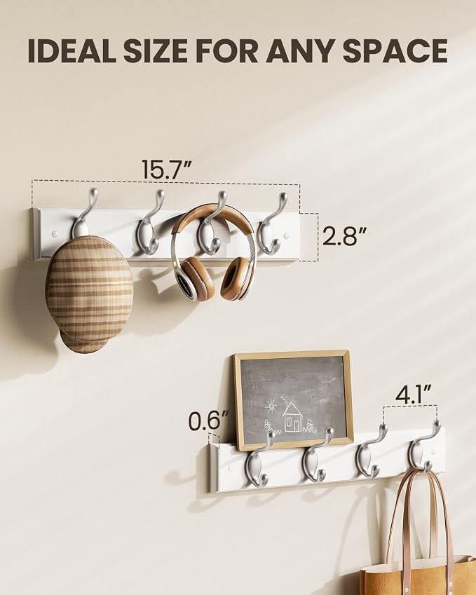 AMADA HOMEFURNISHING Coat Rack Wall Mount 2 Pack, Coat Hooks Wall Hooks Coat Hangers for Wall, Hat Racks Hooks for Hanging Coats Wall Mounted, 15.7" L x 2.8" W x 0.6" H, White