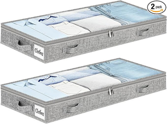 3 Inch Low Profile Under Bed Storage Drawer 2 Pack, Lightweight Underbed Clothes Storage Container Bins With NO STURCTURE, Shallow Storage Bag for Dorm & Home, With Clear Lids & Water-Resistant Fabric