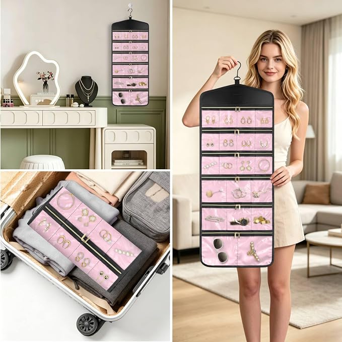 CHICECO Hanging Jewelry Organizer With Zippered Pockets,40 Pockets Travel Jewelry Organizer Storage for Cloest,Wall,Door (Pink)