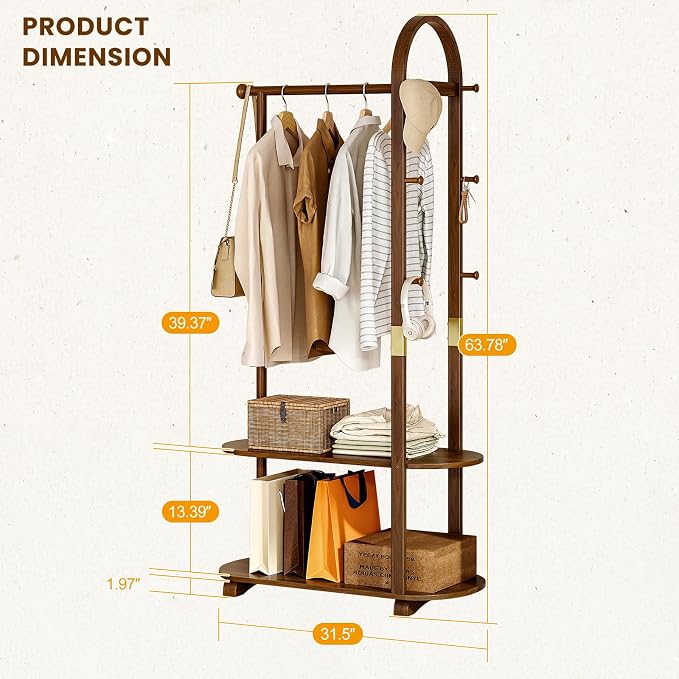 31.5" Wide 3-in-1 Freestanding Clothing Rack,Wooden Coat Rack with 2 Shelves and 6 Hooks,Solid Rubber Wood Coat Rack with Shelves for Entryway, Bedroom, Living Room, Walnut