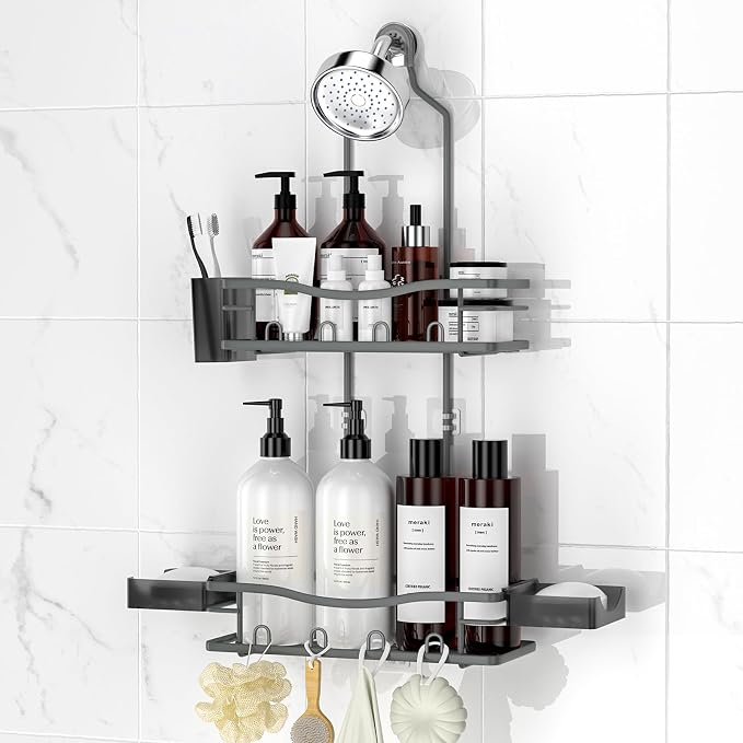 Rustproof Shower Caddy Hanging with Soap Holders for Bathroom, Grey | Shower Organizer with Multi Hooks Toothbrush Holder, No Drilling, Anti-Swing, Storage for Shampoo Conditioner Body Wash
