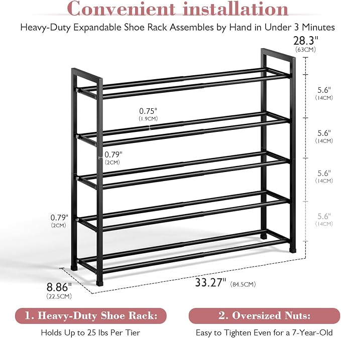 Bumusty 5 Tier Expandable Shoe Rack for Closet, Black | 18"-33" Adjustable Shoe Rack for Entryway, Small Shoe Organizer for Dorm, Front Door, Sturdy Metal