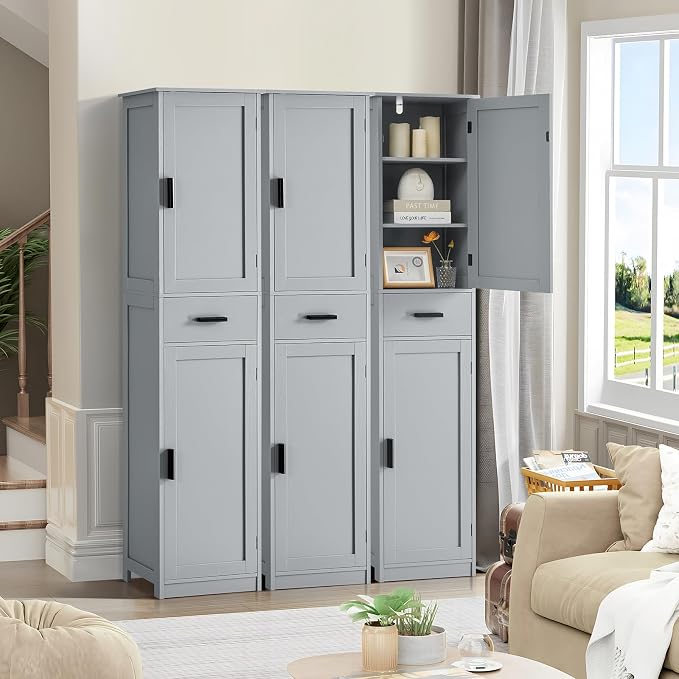 usikey 67“ Tall Bathroom Cabinet, Storage Cabinet with 4 Shelves & 2 Doors, Narrow Storage Cabinet for Bathroom, Living Room, Home Office, Greige