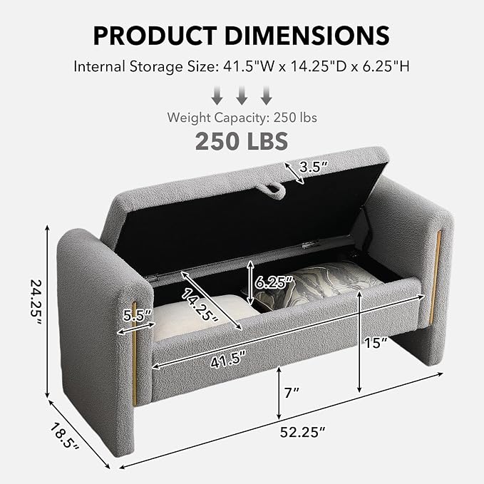 52" Flip-Top Storage Ottoman Bench, Teddy Entryway Bench (Grey) | Teddy Fleece Upholstered End of Bed Bench with Armrests, Soft Padded Window Bench for Living Room Bedroom Entryway