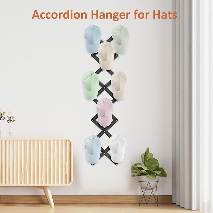 Accordion Wall Hanger, Hat Rack for Wall with 20 Coat Hooks, Expandable Hat Hangers Organizer, Vintage Decorative Coat Rack Wall Mount for Purse, Mug(Black)