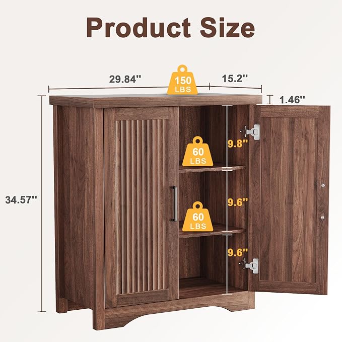 29" Fluted Sideboard Buffet Cabinet with Storage,Walnut | Modern Credenza with 2 Doors & Adjustable Shelves,Coffee Bar Table Console for Dining Room Kitchen Living Room Entryway