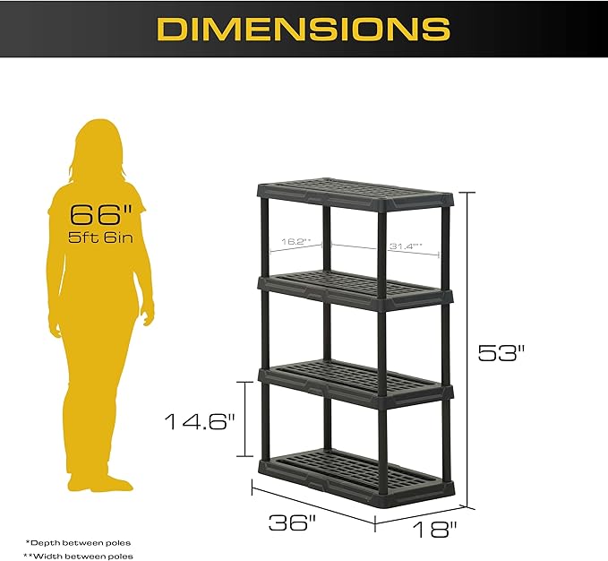 CENTREX 4-Tier Heavy Duty Plastic Storage Shelves for Garage, 2 Pack | Utility racks for garage, pantry, or closet organization, Easy assembly, 4 tier at 150lb/shelf, 53"H x 36"W x 18"D