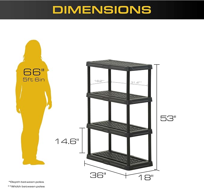 CENTREX 4-Tier Heavy Duty Plastic Storage Shelves for Garage, Black | Utility rack for garage, pantry, or closet organization, Easy assembly, 4 tier at 150lb/shelf, 53"H x 36"W x 18"D
