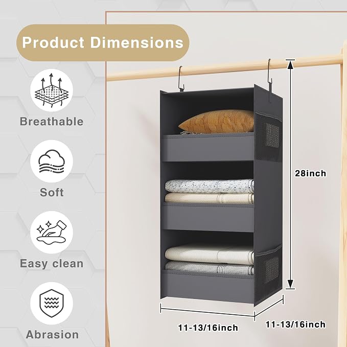 3-Shelf Hanging Closet Organizer, Washable Foldable Storage, Dark Gray | Front lip keeps items secure; side pockets add room; Oxford fabric handles towels, shirts, baby items, dorms, RVs or travel.
