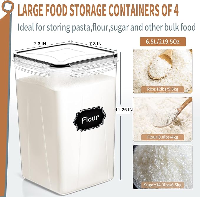 4pcs Large Tall Airtight Food Storage Containers with Lids - 6.5L / 5.9qt | BPA Free Pantry Organizers and Storage Containers for Bulk Flour and Sugar Storage, Food Grade Material, 20 Labels & Marker