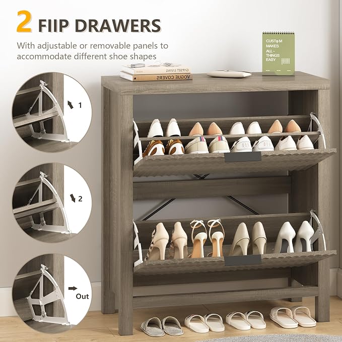 Fluted Shoe Cabinet Storage with 2 Flip Drawers for Entryway, Hallway | Narrow Shoe Rack Freestanding Shoe Organizer with Legs for Entryway，Hallway, Grey