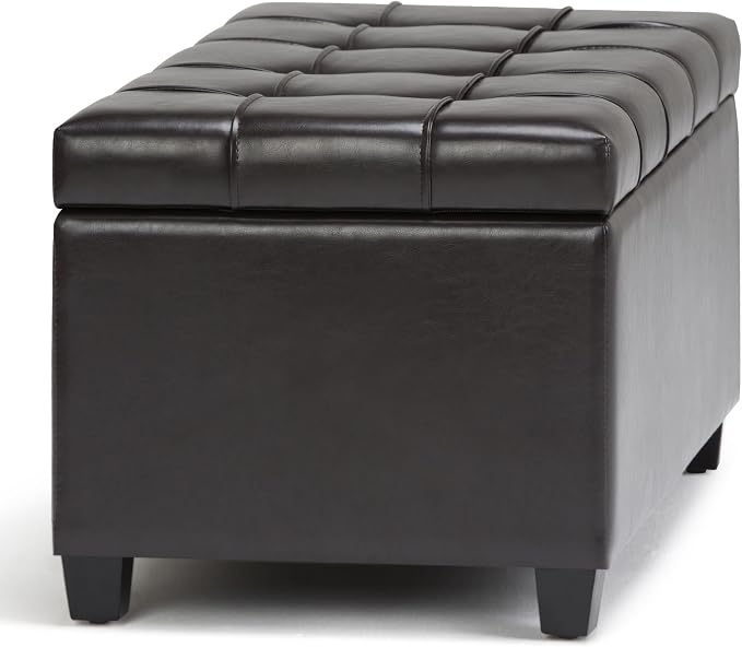 SIMPLIHOME Avalon 35" Wide Vegan Leather Storage Ottoman in Denim Blue | Transitional ottoman with tufting and lift-up lid; rectangle storage bench for living room or entryway.