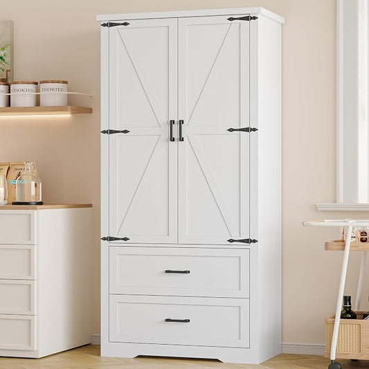 BORNOON Pantry Organizers and Storage Cabinet, 71” Barn Door White Kitchen Cabinet with Drawers and Adjustable Shelf, Tall Pantry for Kitchen, Dining Room, Living Room. Bathroom and Office