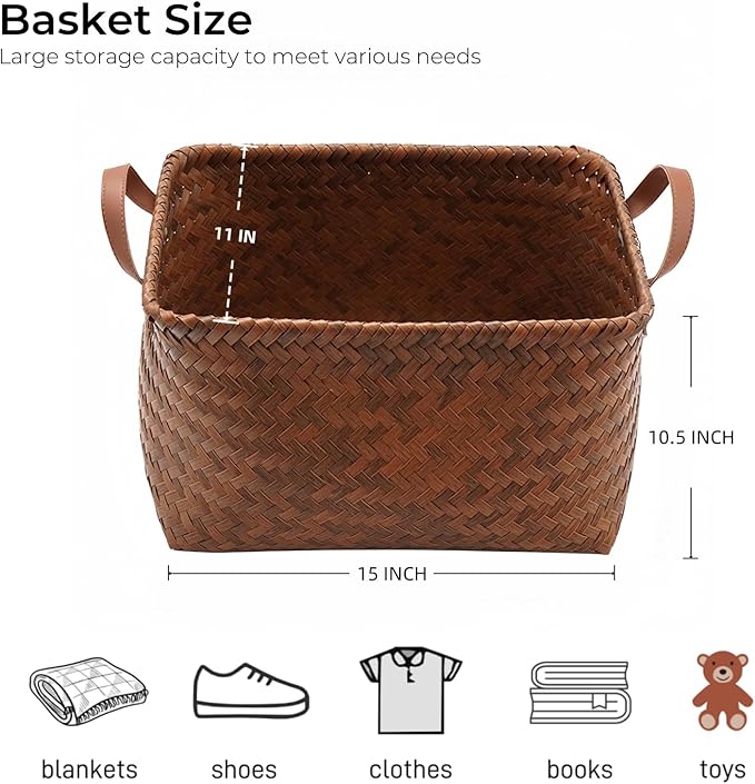 GIB Wicker Woven Storage Baskets for Organizing Blankets Laundry Shelves | Clothes Hamper, Large Closet Storage Bins Organizer, for Living Room Toys Shoes Organization, Plastic Rattan, Brown, 4 Pack