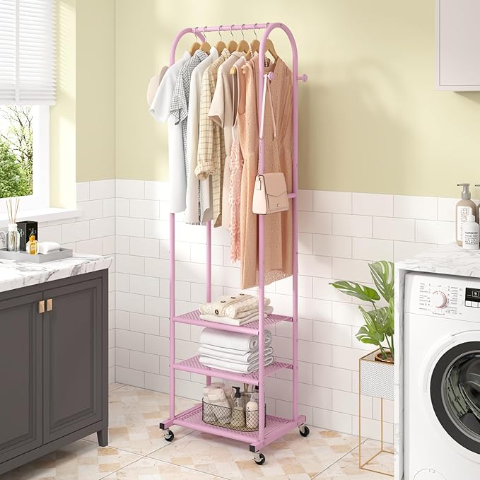 Kaitiemoo Clothing Rack, Mobile Garment Rack with Wheels & 3 Shelves, pink | Heavy Duty Frame, Fits Small Spaces, 71.8 Inches Display Rack, Easy to install, pink clothes rack