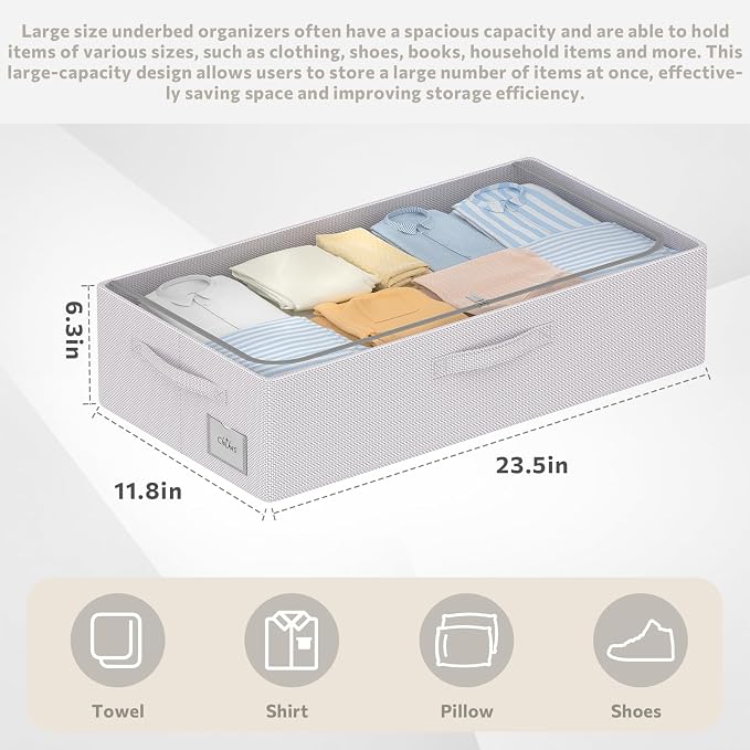CYhom 3Pcs Under Bed Storage Bins with Metal Frame - Shoe Organizer for Closet with Clear Cover Oxford Fabric Sturdy Underbed Container Foldable Stackable Clothes Organizer (Grey, 23.5x11.8x6.3)