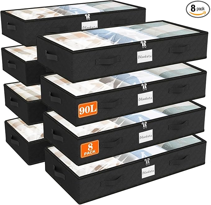 90L Under Bed Storage Containers, Storage Bags, Organizers, 8-Pack, Black | Foldable, Soft Fabric, Closet Organizers, Reinforced Handle, Label Holder, Clear Window, for Comforters, Clothing, Blankets