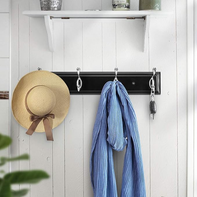 Wall Mounted Coat Hanger, 4 Hooks for Coats, Keys, Bags - Heavy Duty Zinc Alloy, Versatile for Entryway, Bedroom, Kitchen, Mudroom - Black