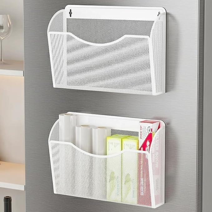 MINDEPOT Magnetic Wall File Organizer, Hanging File Holder, 3 Pack, White | Heavy Duty Iron, Powerful Magnet, Metal Mesh Wall Mount, Single Pocket, for Office School Classroom Home, Letter A4 Size