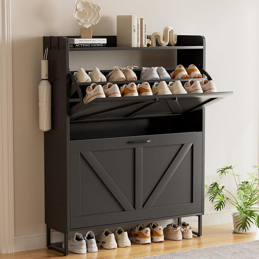 EOYUTLLY Shoe Cabinet for Entryway with 2 Flip Drawers,Narrow Wooden Shoe Storage Cabinet with Metal Legs,Hold 24 Pairs, 4-Tier Adjustable Shelves–Freestanding Hidden Shoe Organizer for Hallway, Foyer