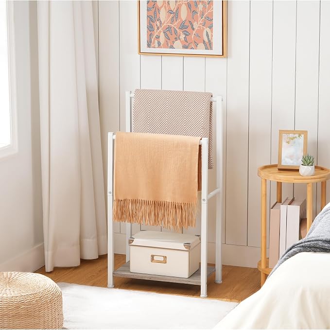 HOOBRO Free Standing Towel Rack for Bathroom, 2 Tier Blanket Rack, 16.5" L x 9.4" W x 31.5" H, Blanket Holder, Drying and Display Rack with Shelf, White and Grey WG02LB01