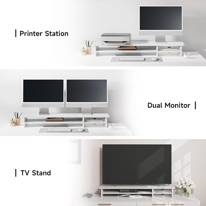 Fenge Monitor Stand, Desk Computer Riser with Frosted Storage Drawer, White | 42.5 Inch Dual Monitor Riser, 2 Tiers, Cable Management, Desk Shelf for 2 Monitors, Ultrawide Screen, Laptop, TV, Home Office