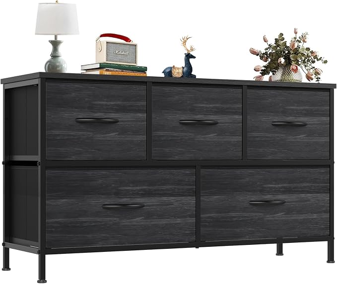 OLIXIS 5 Drawer Dresser for Bedroom, Storage Organizer Unit for Closet | Chest of Drawers for Clothes Storage with Bins, Wide Fabric Bedroom Dresser, Wooden Top, Living Room, Black Wood