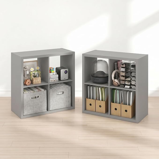 Furinno Cubicle Book Shelf Set of 2, 4-Cube Bookshelf, Light Grey | 14.6 x 30 x 30, 1.2" Thick Frame Bookcase with Reversible Open Back, for Living Room, Bedroom, Home Office