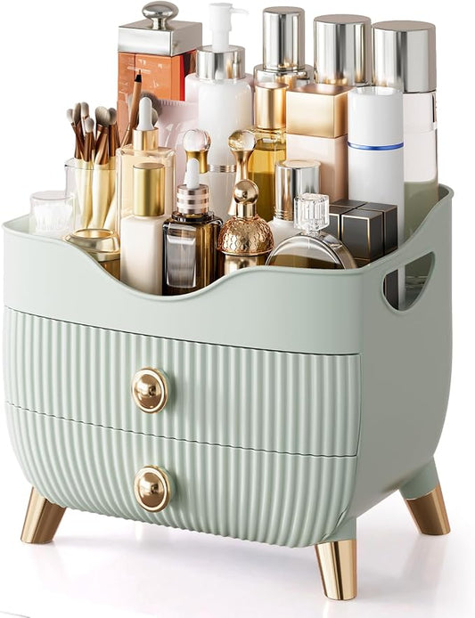 Makeup Organizer Countertop, Large Capacity Skincare Organizer for Vanity | Cosmetics Organizer with Drawes & Handle, Cosmetic Display Cases Storage Box for Dresser, Bathroom, Gifts for Women(Green)