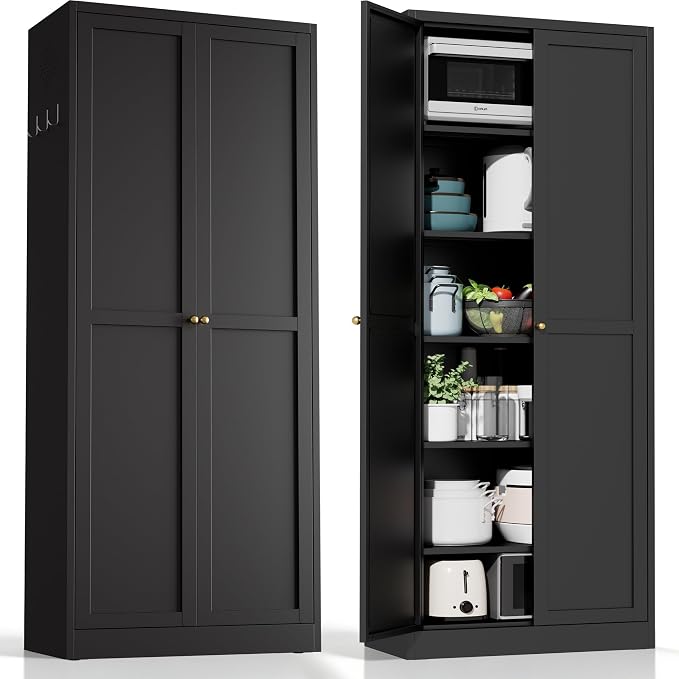 AQY Kitchen Pantry Cabinet,72" Black Pantry Storage Cabinet with 5 Tier Adjustable Shelves and 2 Doors,Freestanding Cupboard,Metal Pantry Cabinets with Handle for Living Room Kitchen Assembly Required