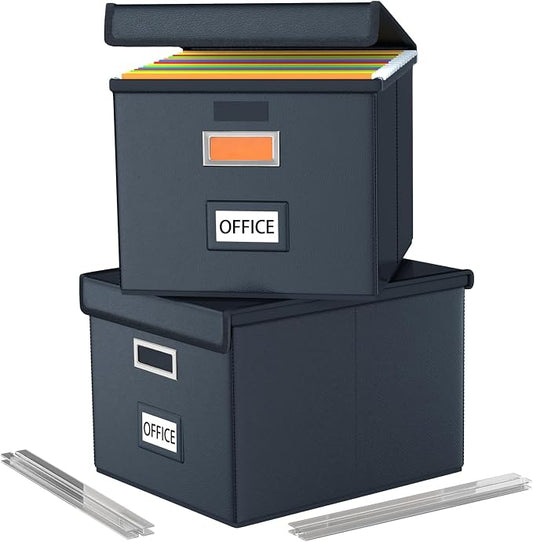 File Organizer Box with Lids, Collapsible File Folder Organizer | File Box with Plastic Slides for Document, Filing Bin for Letter Size Hanging File Folders (2 Pack, Black, Leather)