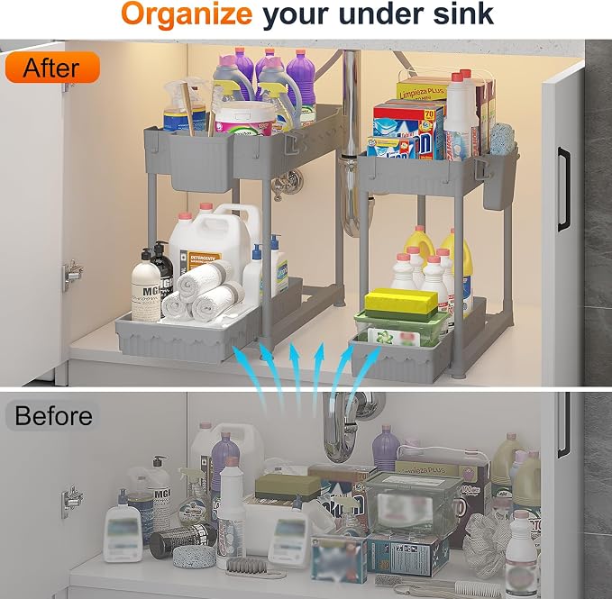 Sevenblue 4-Pack 2-Tier Under Sink Organizer with Pull Out Drawers | Multi-use kitchen & bathroom storage. Includes hanging hooks and cups. Gray, space-saving cabinet design. 12.8 Inch
