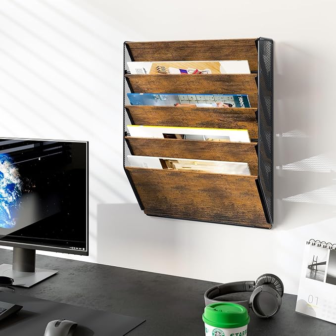 Wall File Organizer for Office, 5-Tier Rustic Hanging File holder Wall Storage Rack for Documents/Magazine/Literature/File Folders/Mails/Envelopes, Brown
