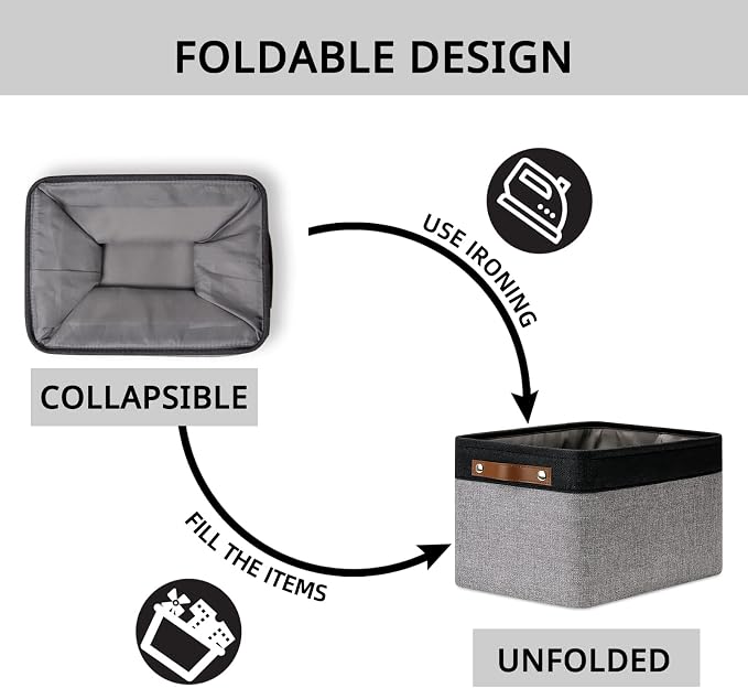 DULLEMELO Canvas Storage Bin with Handles, Fabric Bins for Shelves, Bedroom, Office,Nursery,Fabric Storage Baskets for Toys, Clothes,Gift(Black&Grey,L-15"x11"x9.5",4-Pack)