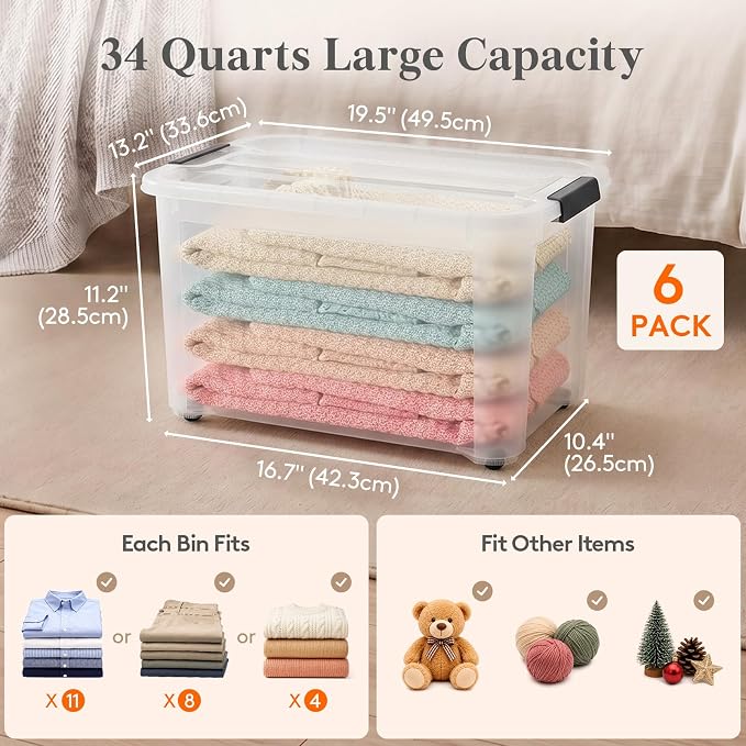 Lifewit 34Qt Storage Bins with Lids, Plastic Large Latches Boxes with Wheels, Clear Totes Tubs Container for Closet Organizers and Storage, Bedroom, Clothes, Craft, 6 Pcs